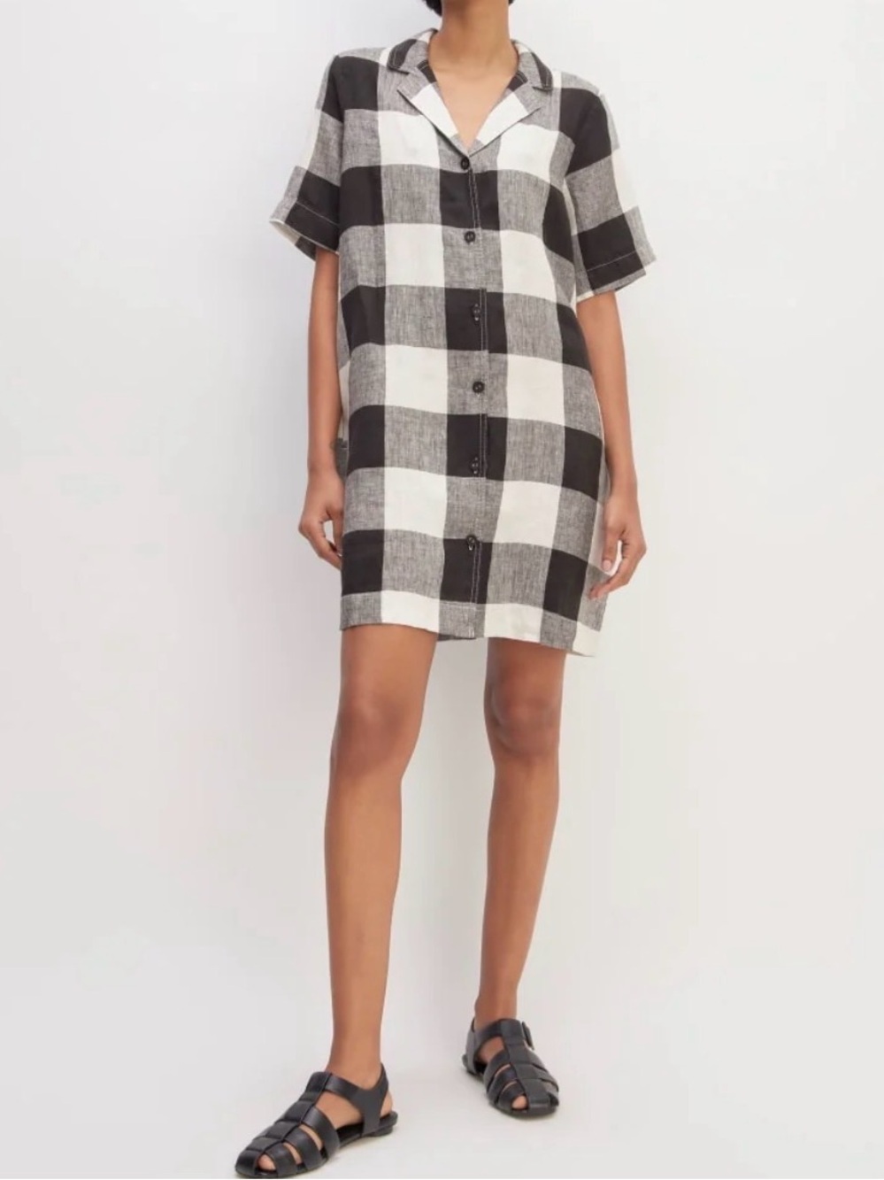 Everlane The Shirt Dress 100% linen black and white checkered size S